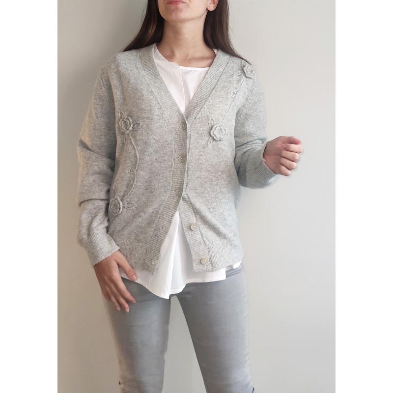 Cardigan oversize con rose GRIGIO